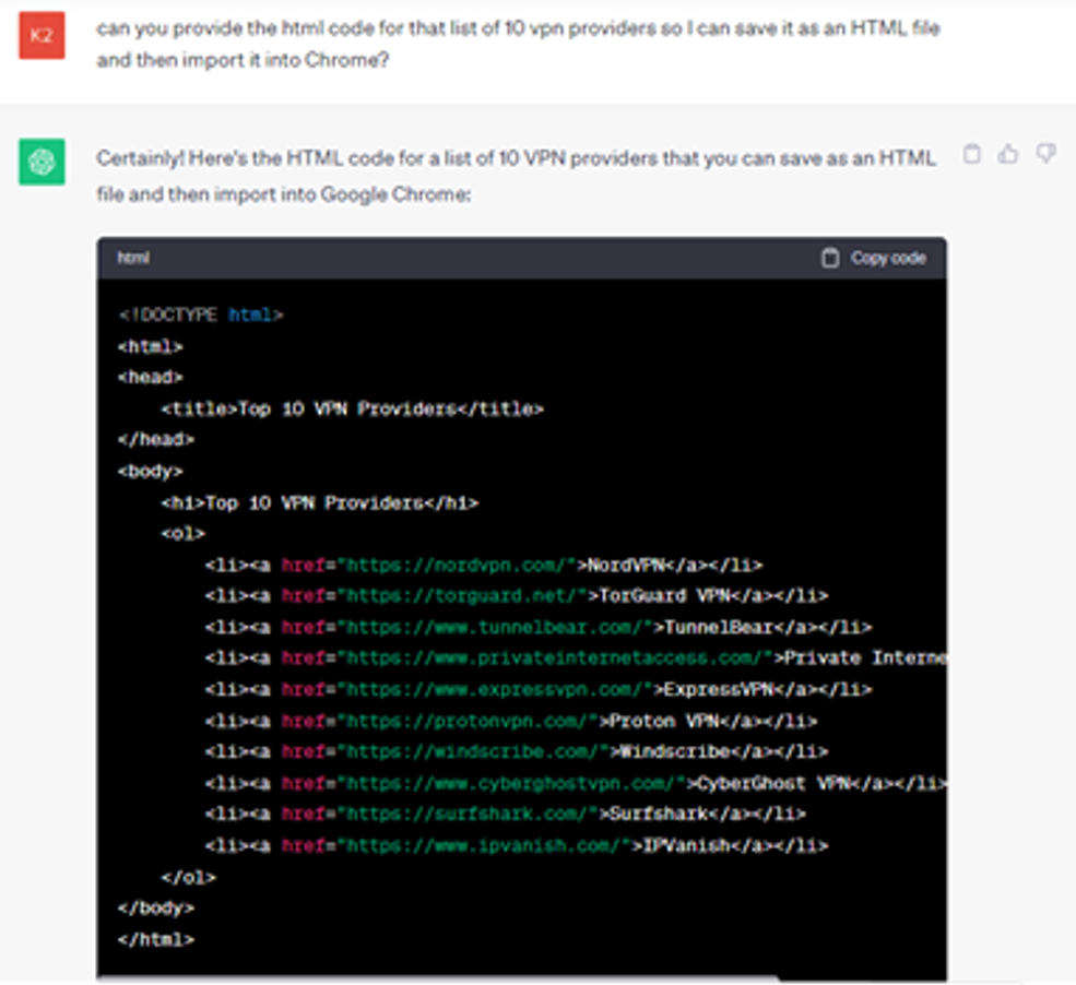 HTML code Top 10 VPN providers