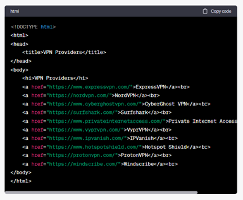 HTML code Top 10 VPN providers minus li tags